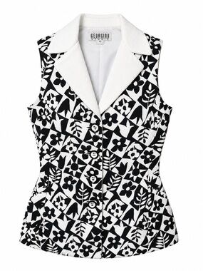 Vtg 90s Georgiou Studio B&W Cotton Vest Top 4 Geometric Floral Yin Yang Mod